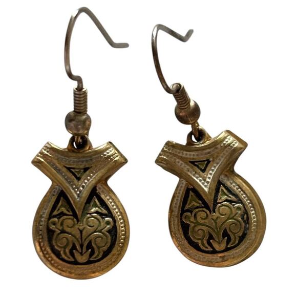 Spanish Castanets Double Sided Earrings Bar Brooch Guitar Dangle Set Damascene - Picture 3 of 7